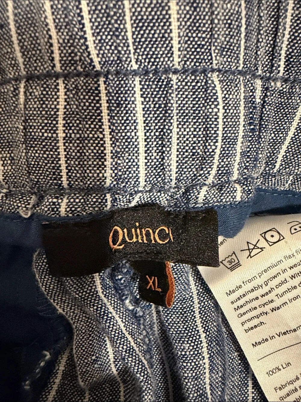 Quince European Linen Wide Leg Drawstring Pants Chambray Stripe Women XL Coastal